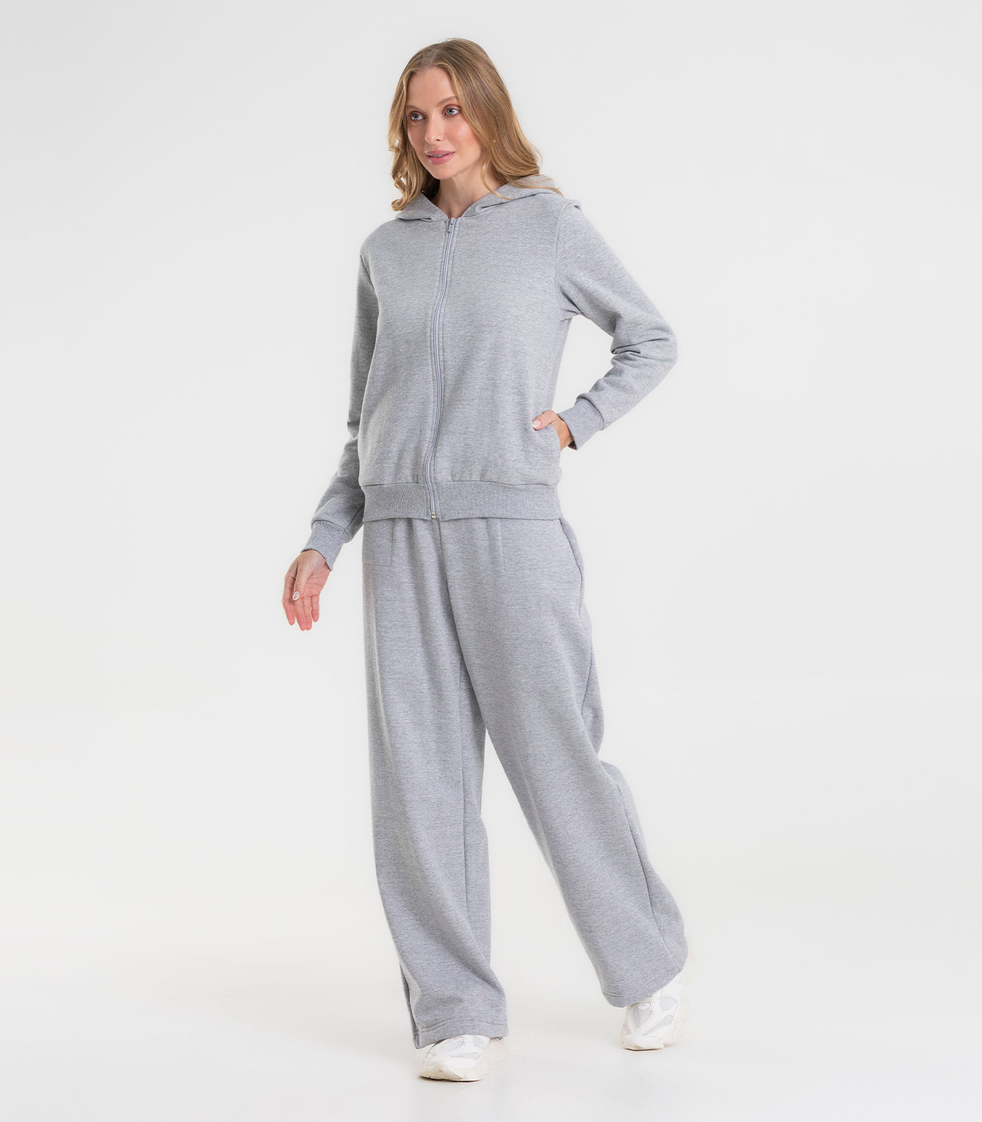Calça Wide Leg Moletom Peluciado Básico Rovitex Cinza