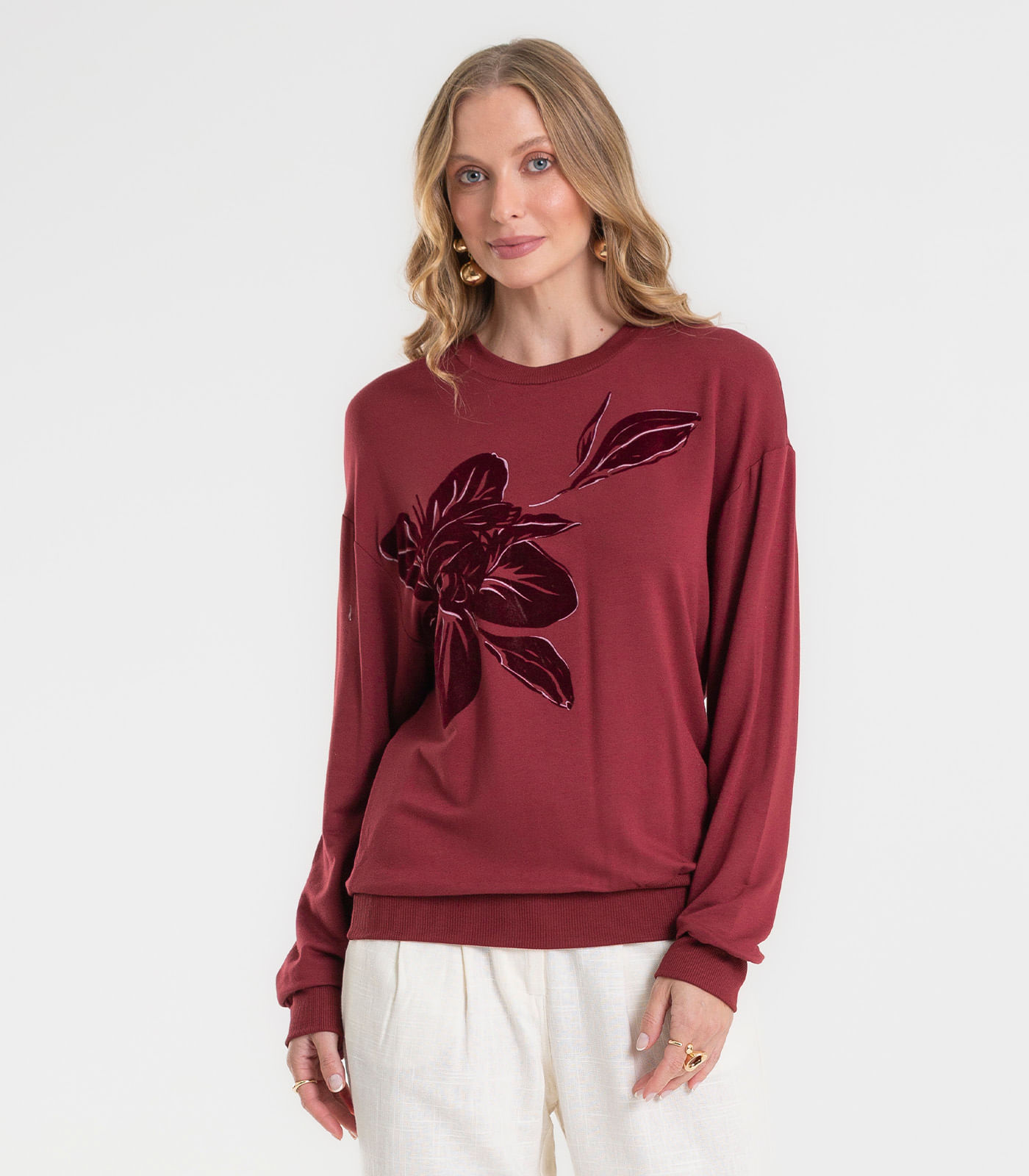 Blusão Feminino Em Molecotton Estampado Rovitex Vermelho