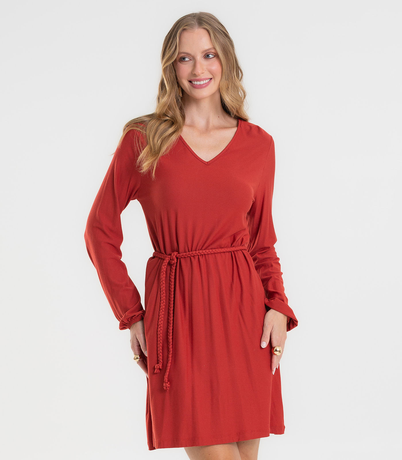 Vestido Feminino Manga Longa com Cinto Rovitex Laranja