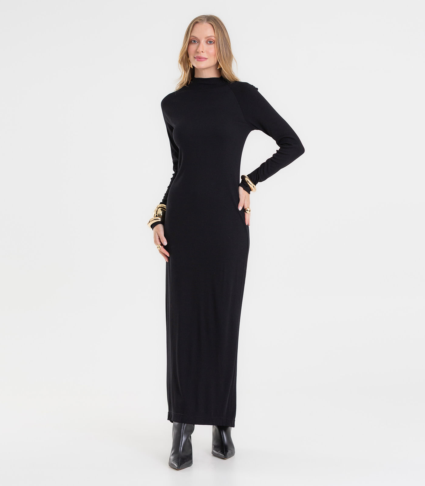 Vestido Midi Feminino Manga Longa Ribana Rovitex Preto