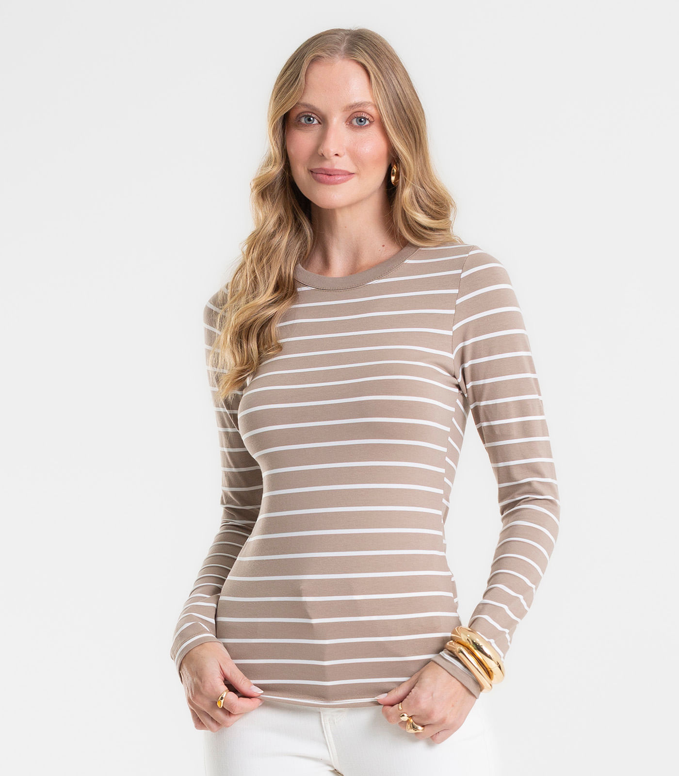 Blusa Manga Longa Feminina Listrada Básica Rovitex Marrom