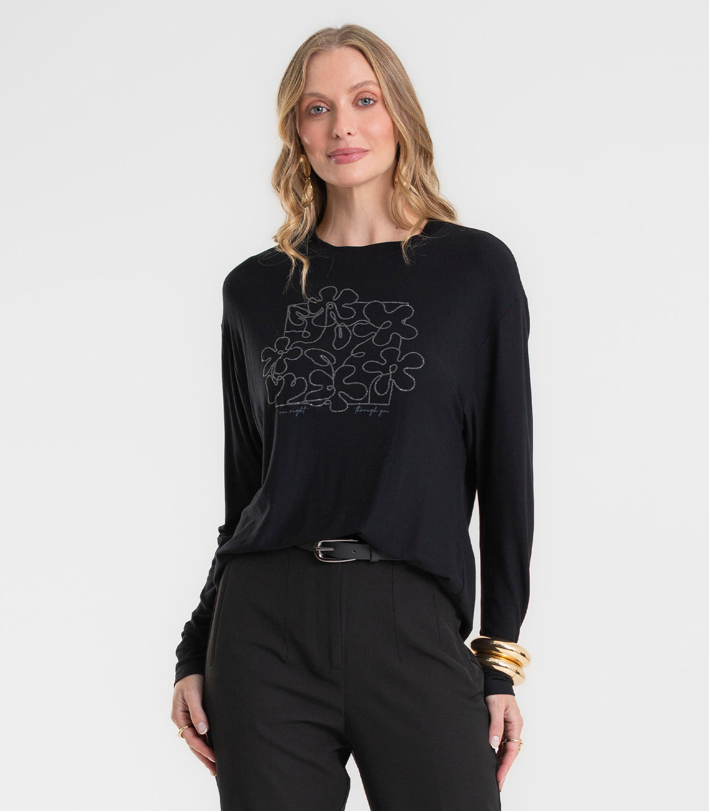 Blusa Feminina Manga Longa Estampada Rovitex Preto