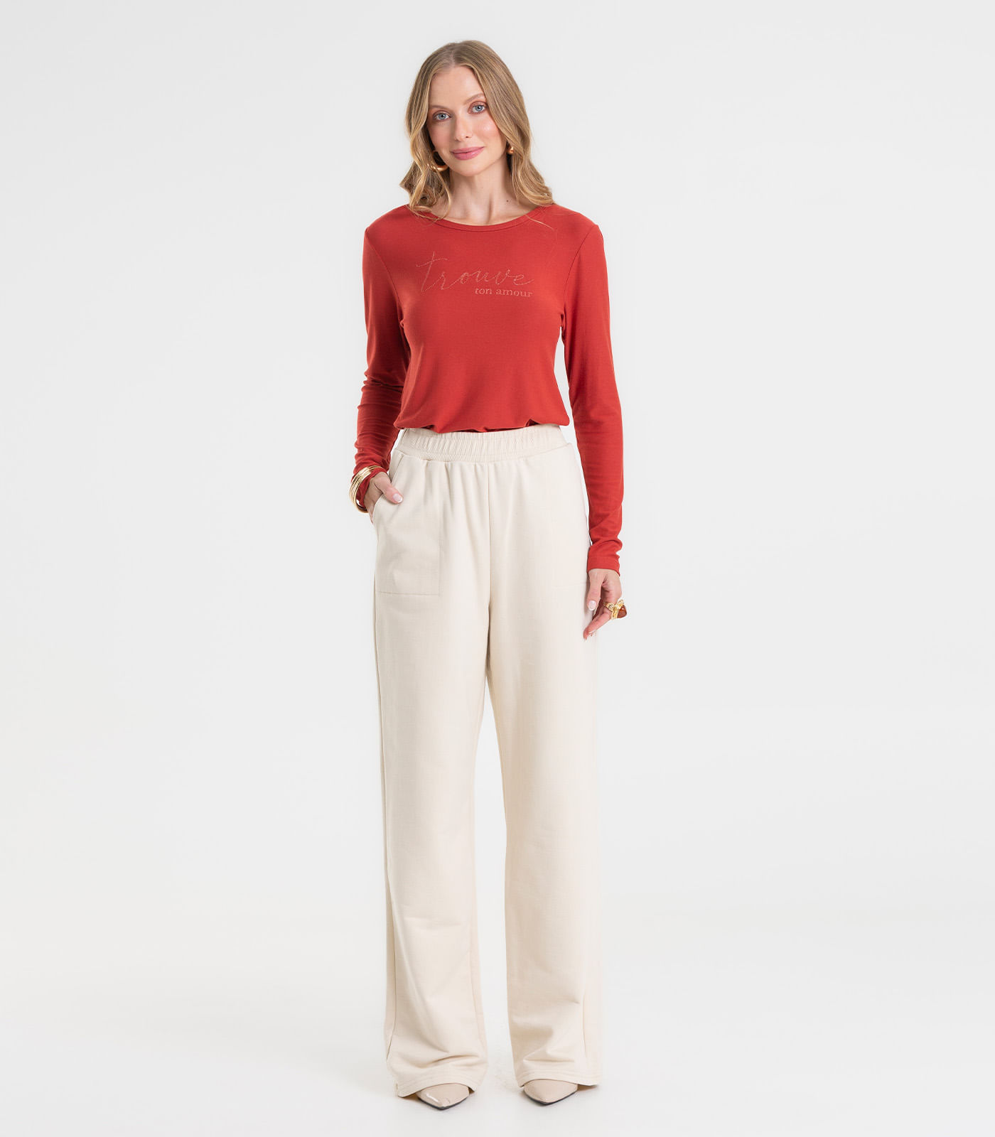 Calça Wide Leg Moletom Peluciado Básico Rovitex Bege