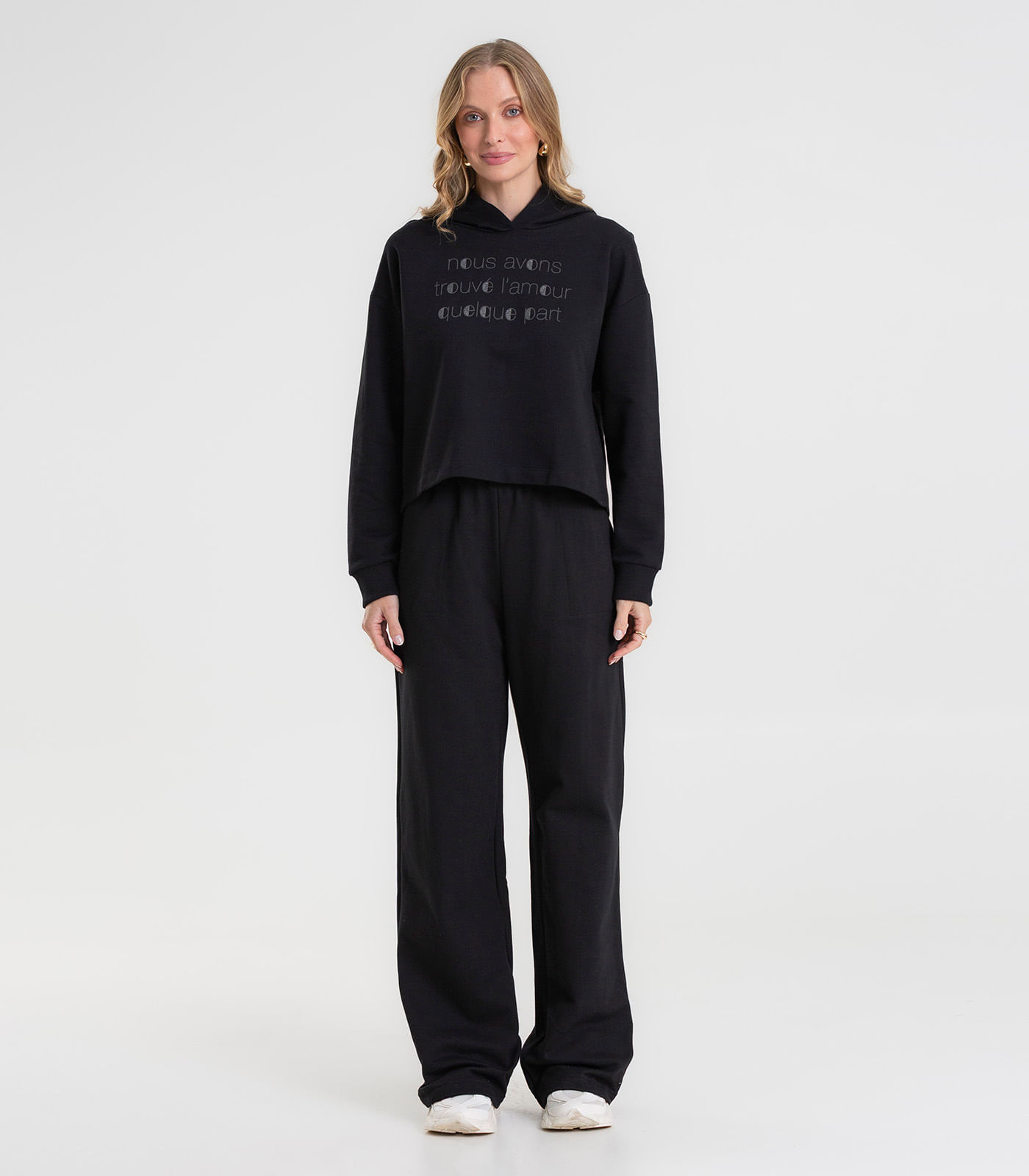 Calça Wide Leg Moletom Peluciado Básico Rovitex Preto
