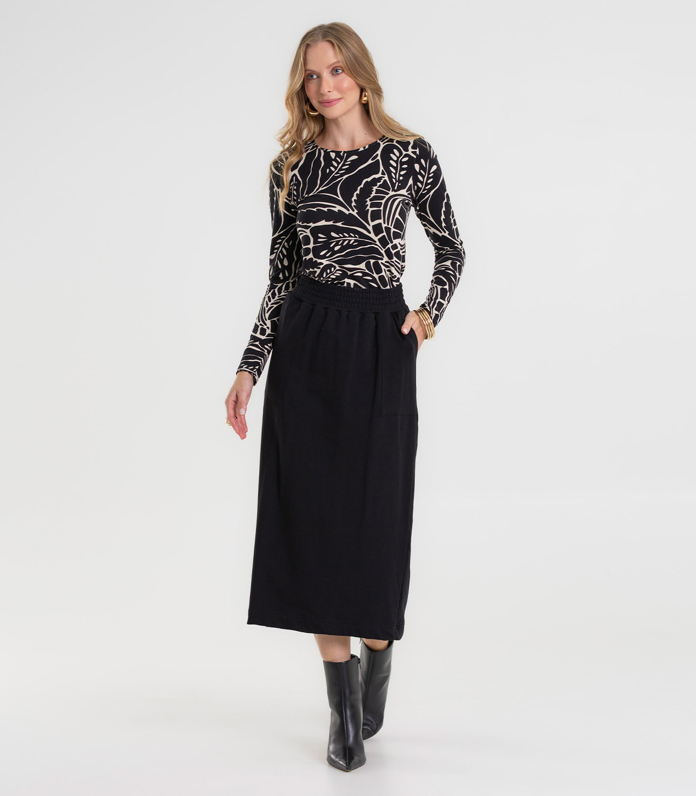 Saia Midi Feminina em Molecotton com Fenda Rovitex Preto
