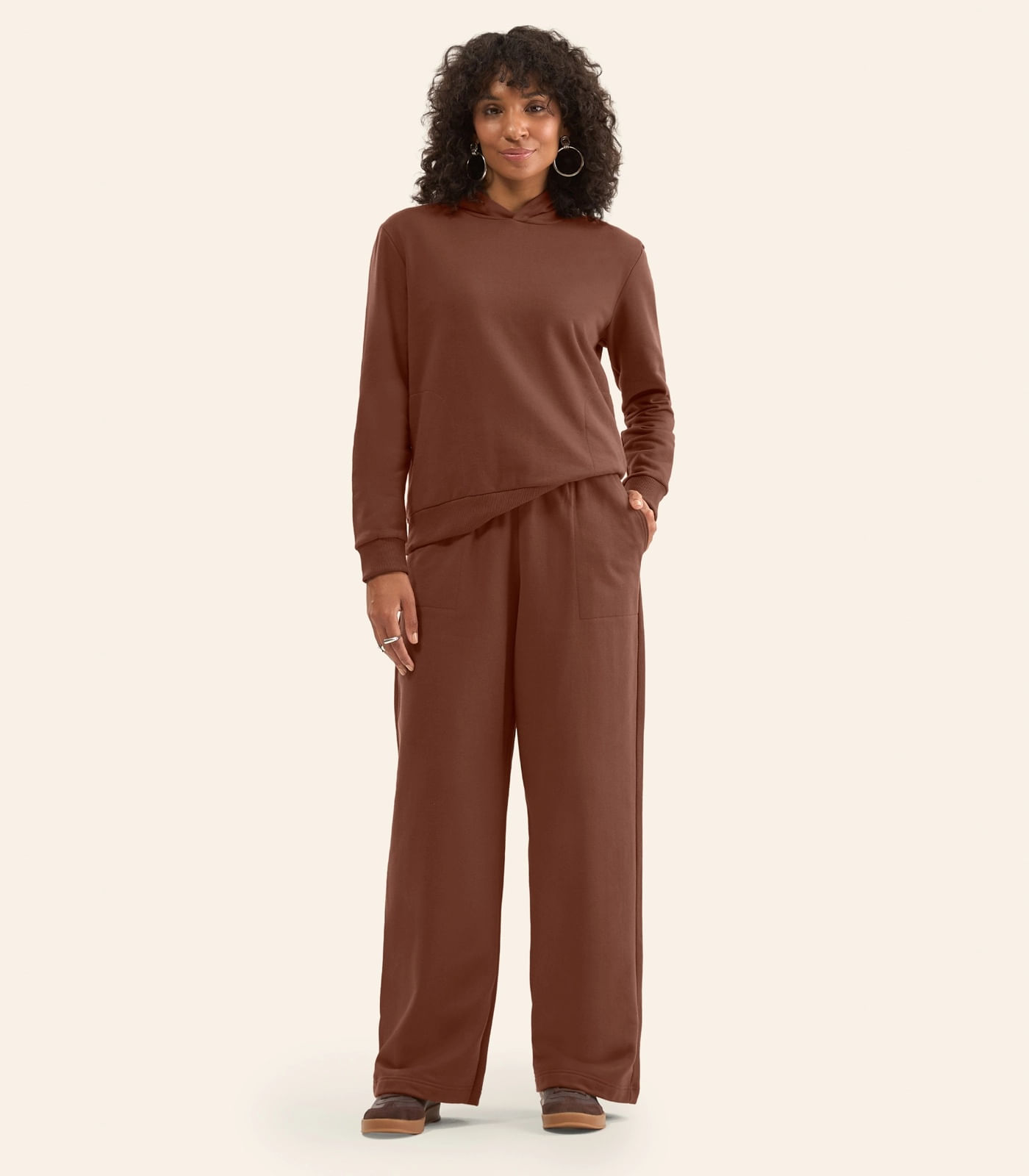 Calça Wide Leg Moletom Peluciado Básico Rovitex Marrom