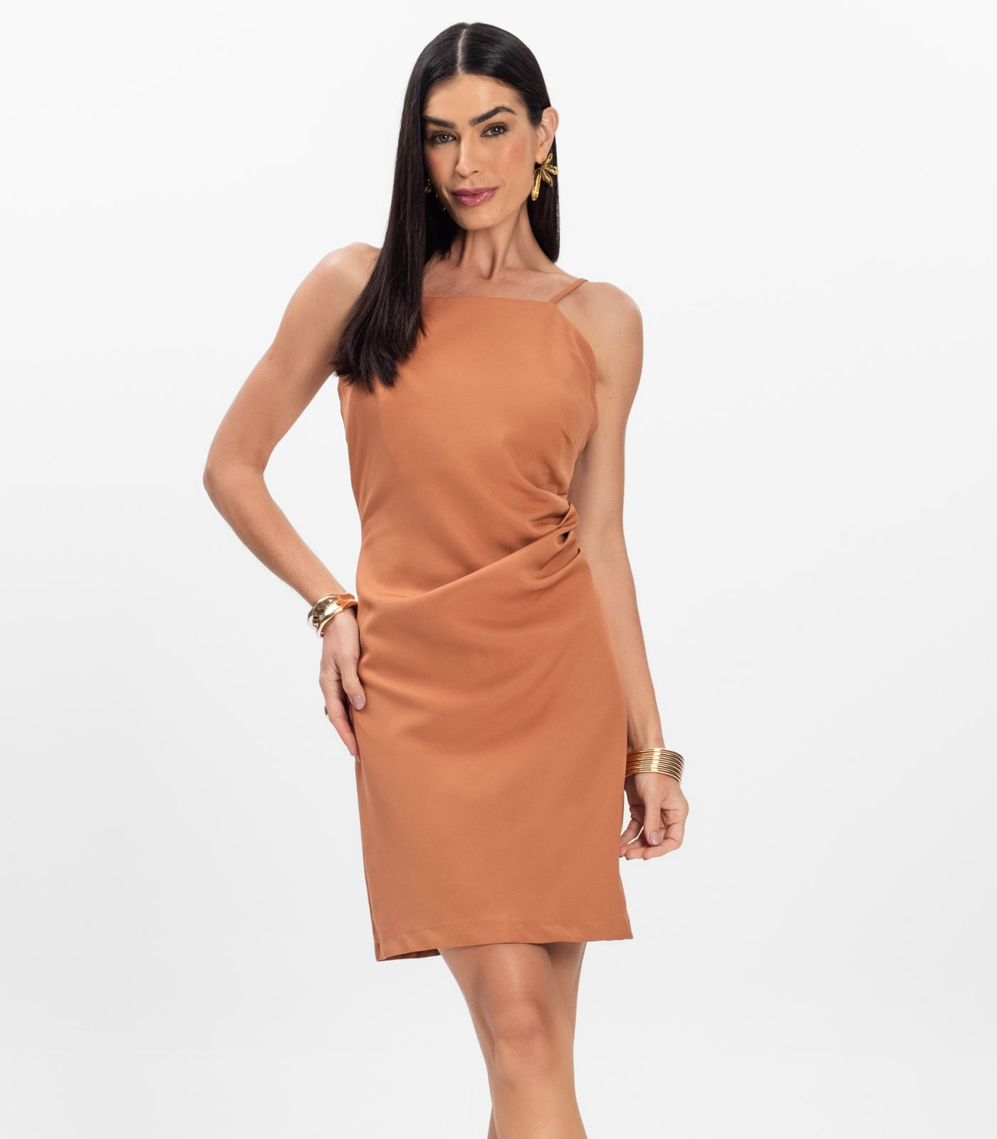 Vestido Curto Feminino em Alfaiataria Lisa Ji Marrom