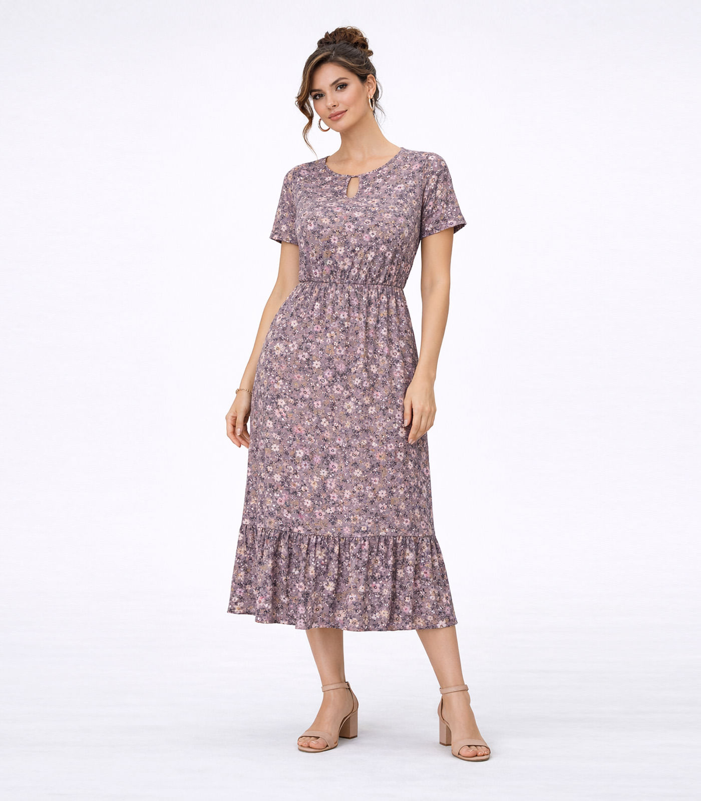 Vestido Midi Feminino Estampado Helanca Select Bege