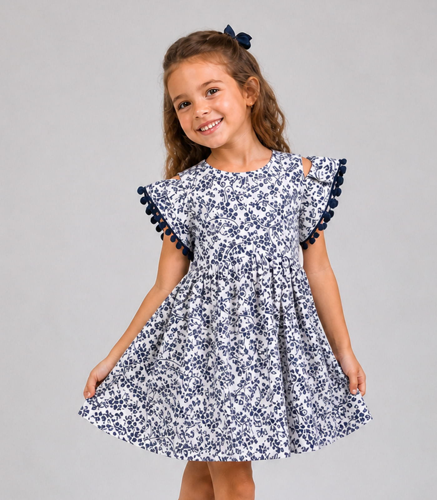 Vestido Infantil Cotton Com Pompom Rovi Kids Bege