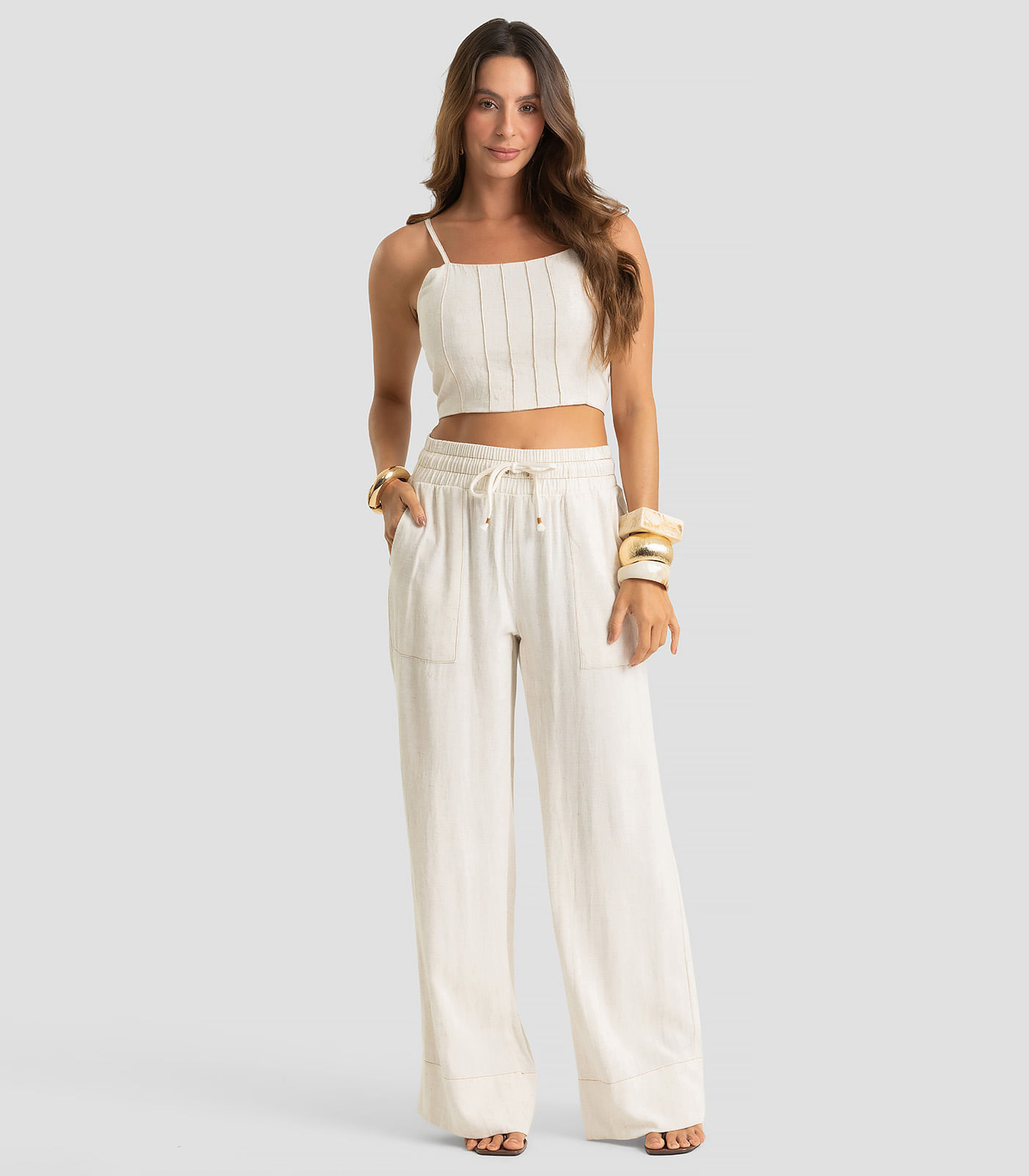 Calça Pantalona Feminina Em Linho Strong Dianna Bege