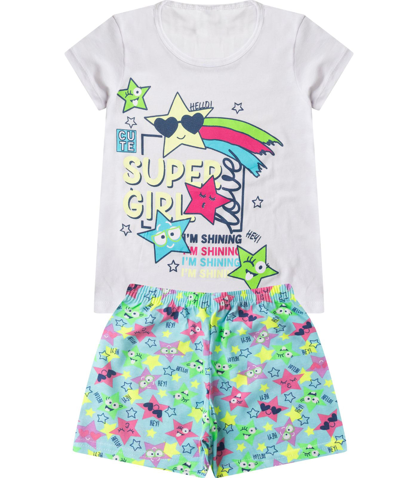Pijama Verão Menina Curto Algodão Kappes Branco