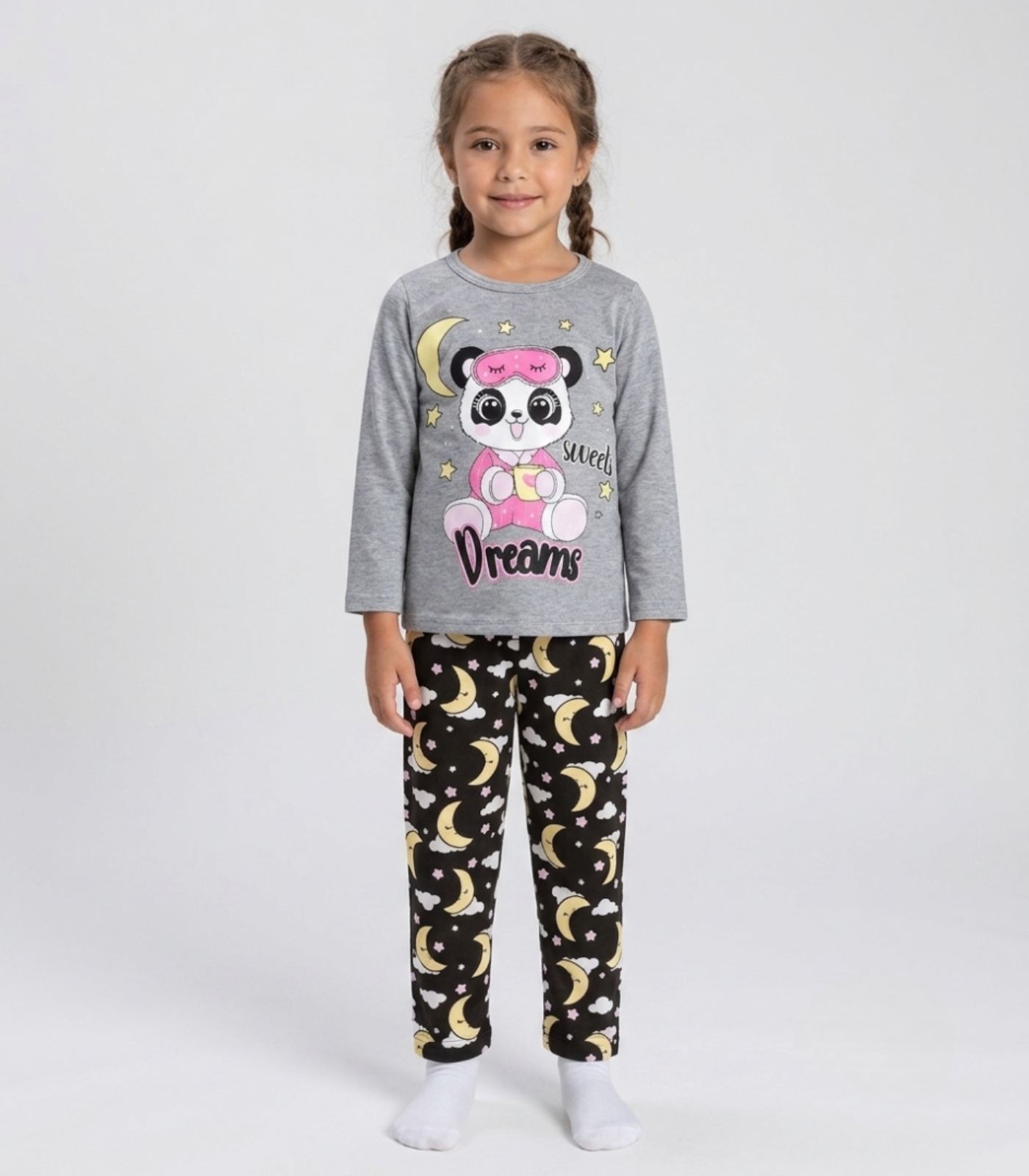Pijama Menina Manga Longa Meia Malha Kappes Cinza