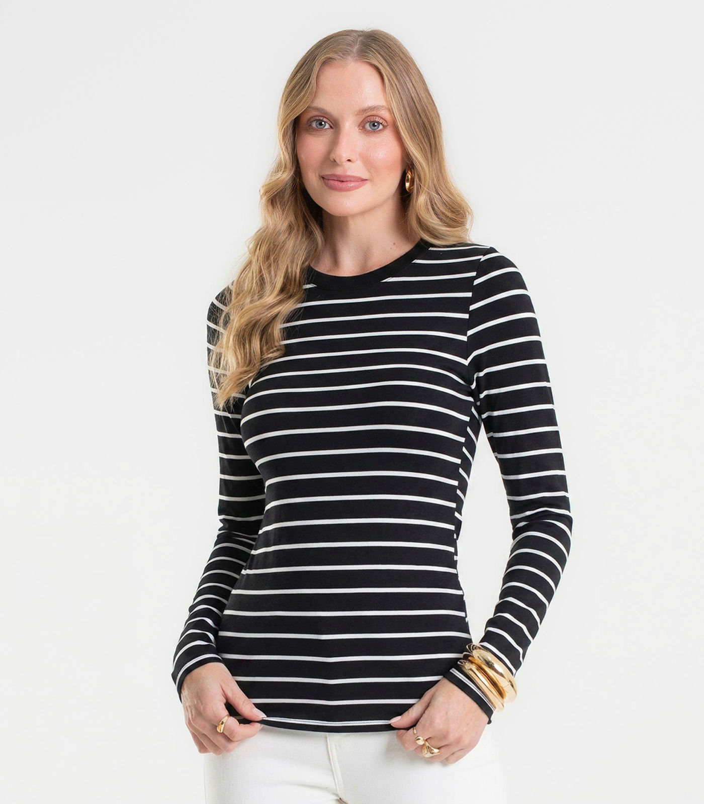 Blusa Manga Longa Feminina Listrada Básica Rovitex Preto