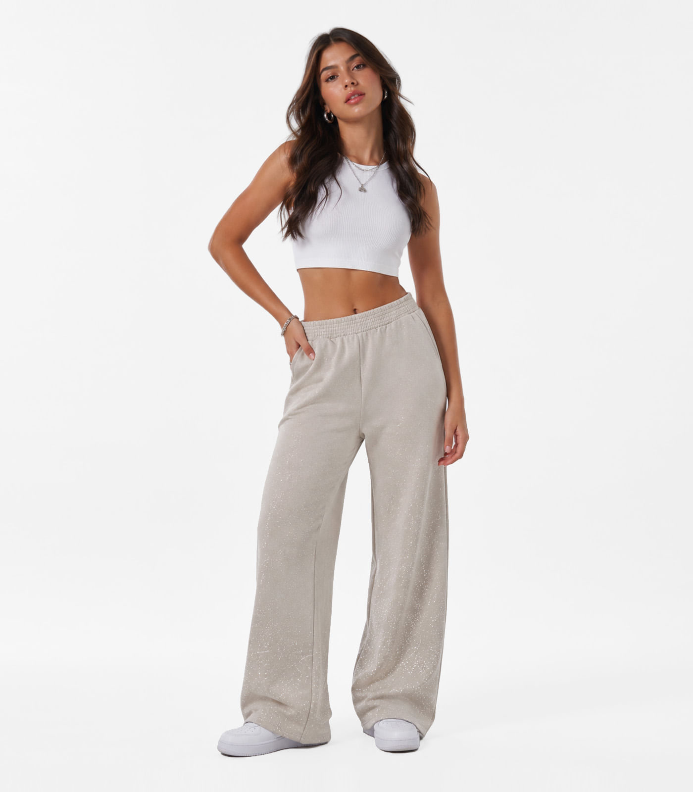 Calça Wide Leg Juvenil em Moletom Minty Bege